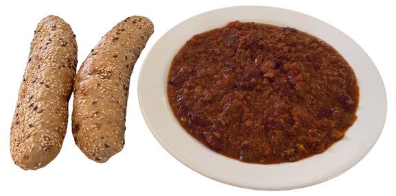 Chilli con carne, pečivo Chilli con carne, pečivo